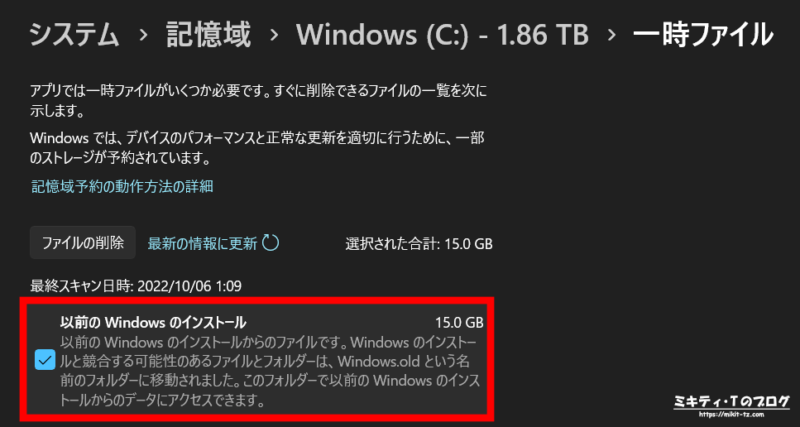 Windows11 システム項目の記憶域画面